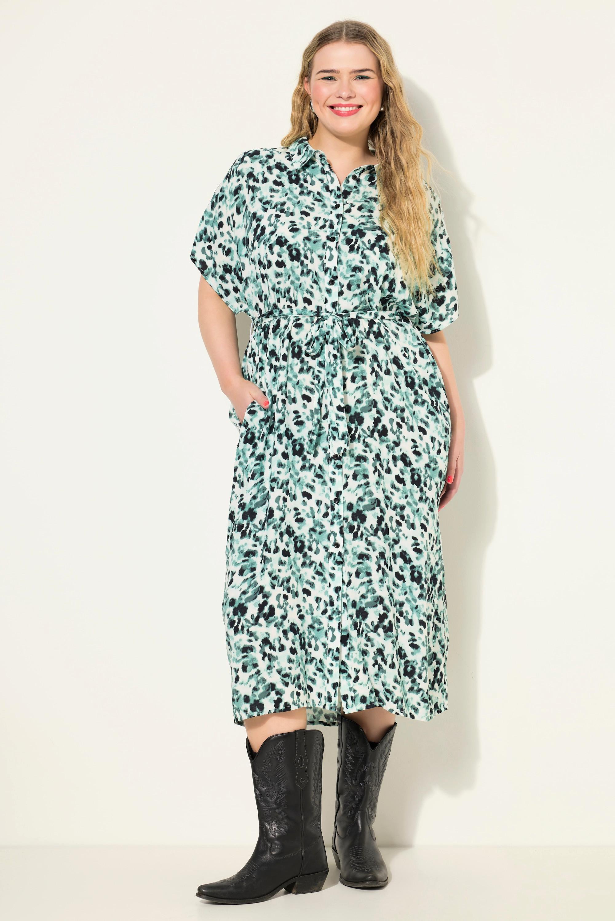 Studio Untold Oversized Allover Print Hemdblusen Midikleid mit Hemdkragen und Taillen Bindegürtel  