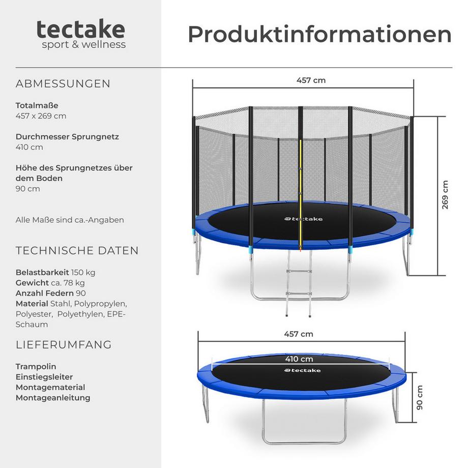 Tectake  Trampolin Garfunky Ø 457 cm,  GS zertifiziert mit Sicherheitsnetz 