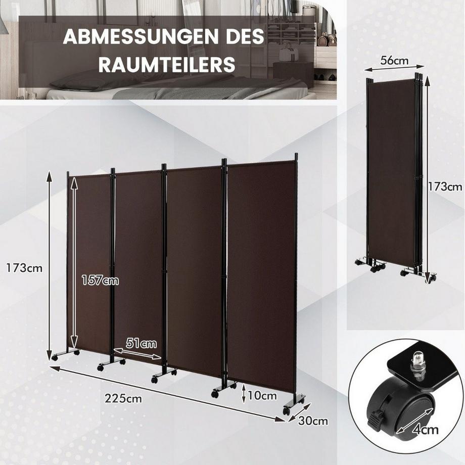 Northio  Raumteiler mit 4 Paneelen auf Rädern 173 cm Hoher Rollbarer Sichtschutz Braun 