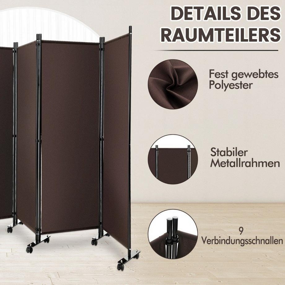 Northio  Raumteiler mit 4 Paneelen auf Rädern 173 cm Hoher Rollbarer Sichtschutz Braun 