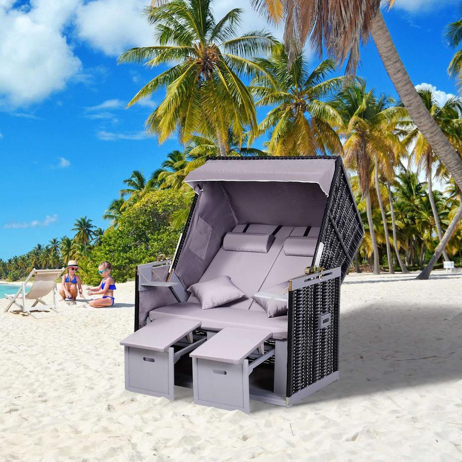 Northio Strandkorb Volllieger Doppelte Sonnenliege Mit Dach Gartenliege Getränkehalter Chaiselounge Pe Rattan Grau 118 X 79 X 50 Cm  