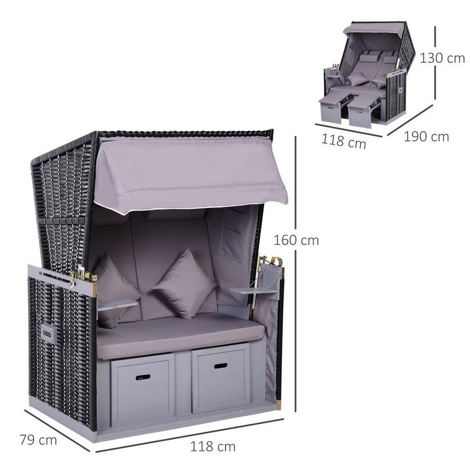 Northio Strandkorb Volllieger Doppelte Sonnenliege Mit Dach Gartenliege Getränkehalter Chaiselounge Pe Rattan Grau 118 X 79 X 50 Cm  