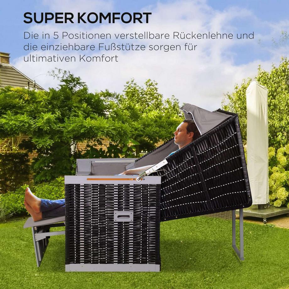 Northio Strandkorb Volllieger Doppelte Sonnenliege Mit Dach Gartenliege Getränkehalter Chaiselounge Pe Rattan Grau 118 X 79 X 50 Cm  