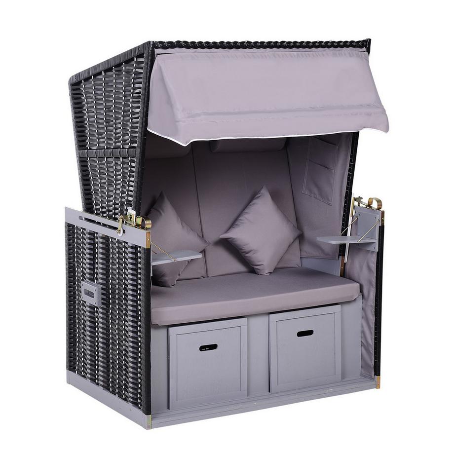 Strandkorb Volllieger Doppelte Sonnenliege Mit Dach Gartenliege Getränkehalter Chaiselounge Pe Rattan Grau 118 X 79 X 50 Cm
