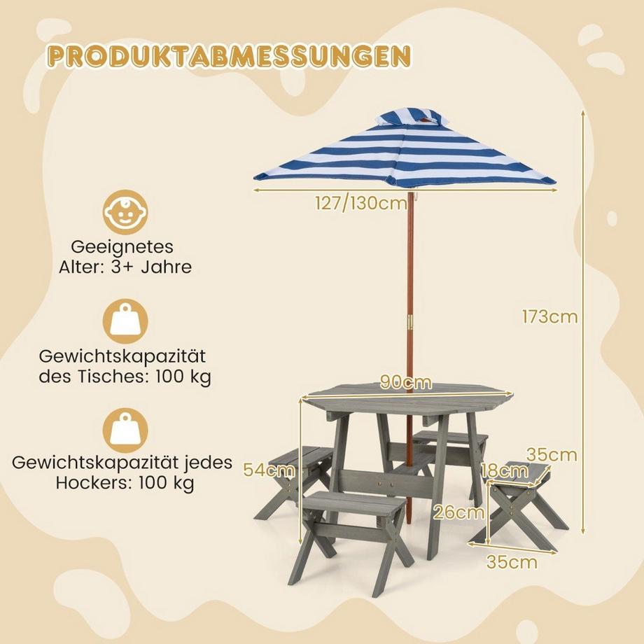Northio Achteckiges Tischset aus Holz mit 4 Stühlen & Höhenverstellbarem Sonnenschirm Picknicktisch Grau  