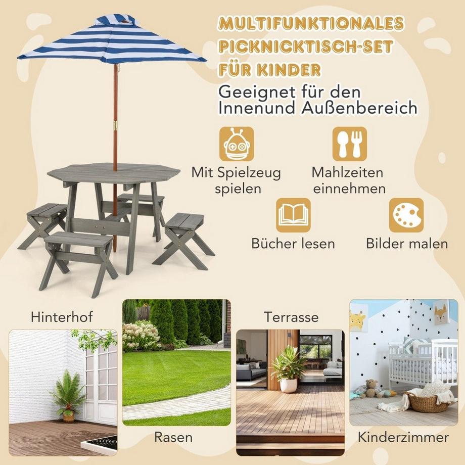 Northio Achteckiges Tischset aus Holz mit 4 Stühlen & Höhenverstellbarem Sonnenschirm Picknicktisch Grau  