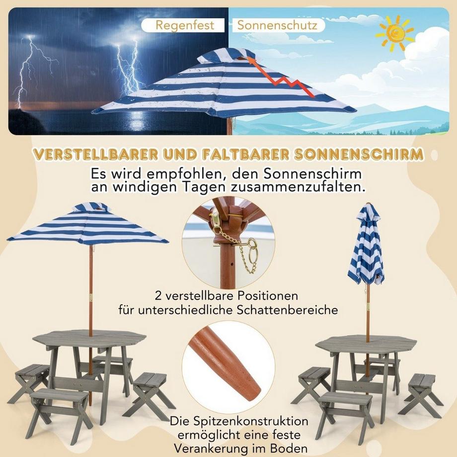 Northio Achteckiges Tischset aus Holz mit 4 Stühlen & Höhenverstellbarem Sonnenschirm Picknicktisch Grau  