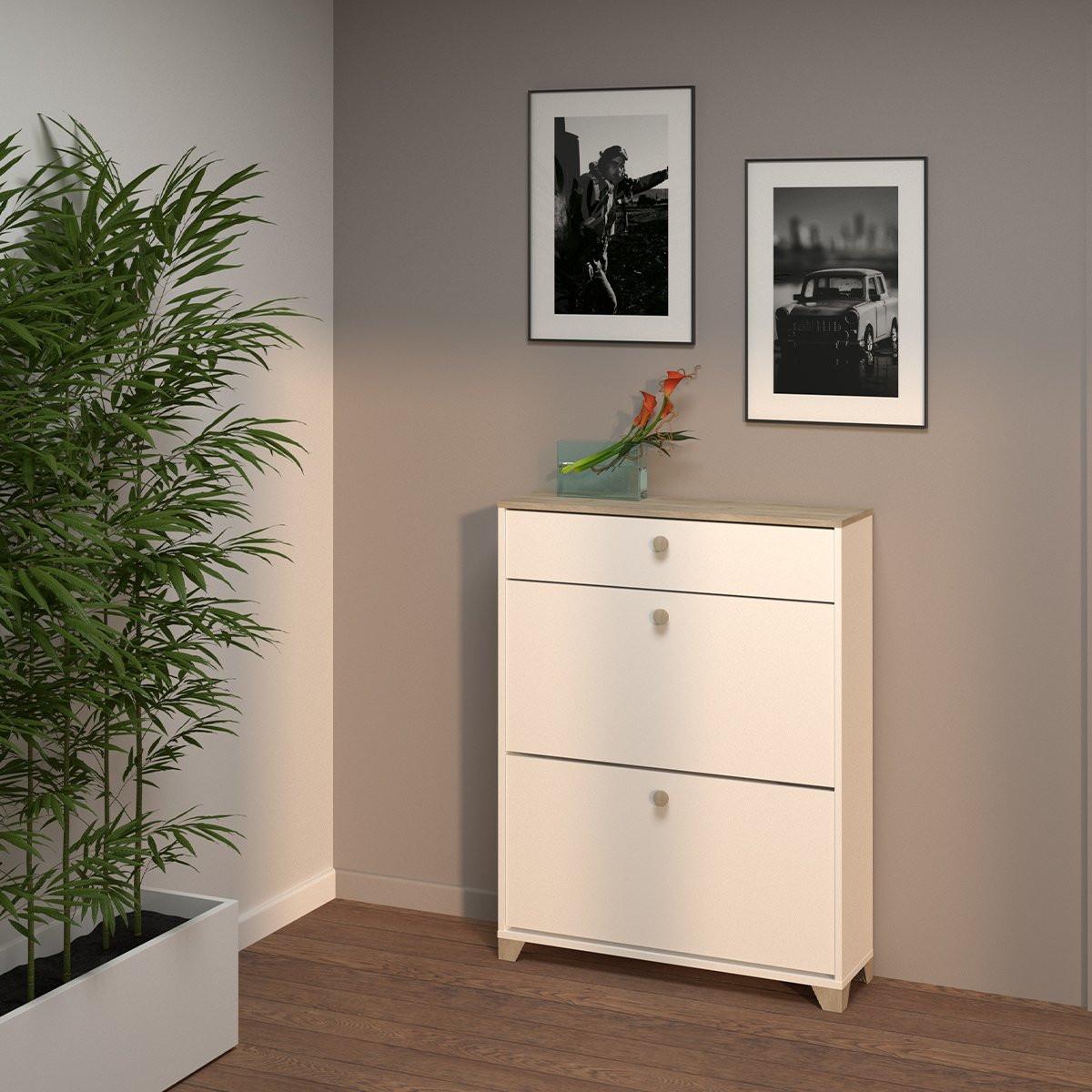 Calicosy Schuhmöbel 2 Klappen und 1 Schublade Kronberg Eiche und Weiß Dekor - L80,8 cm  