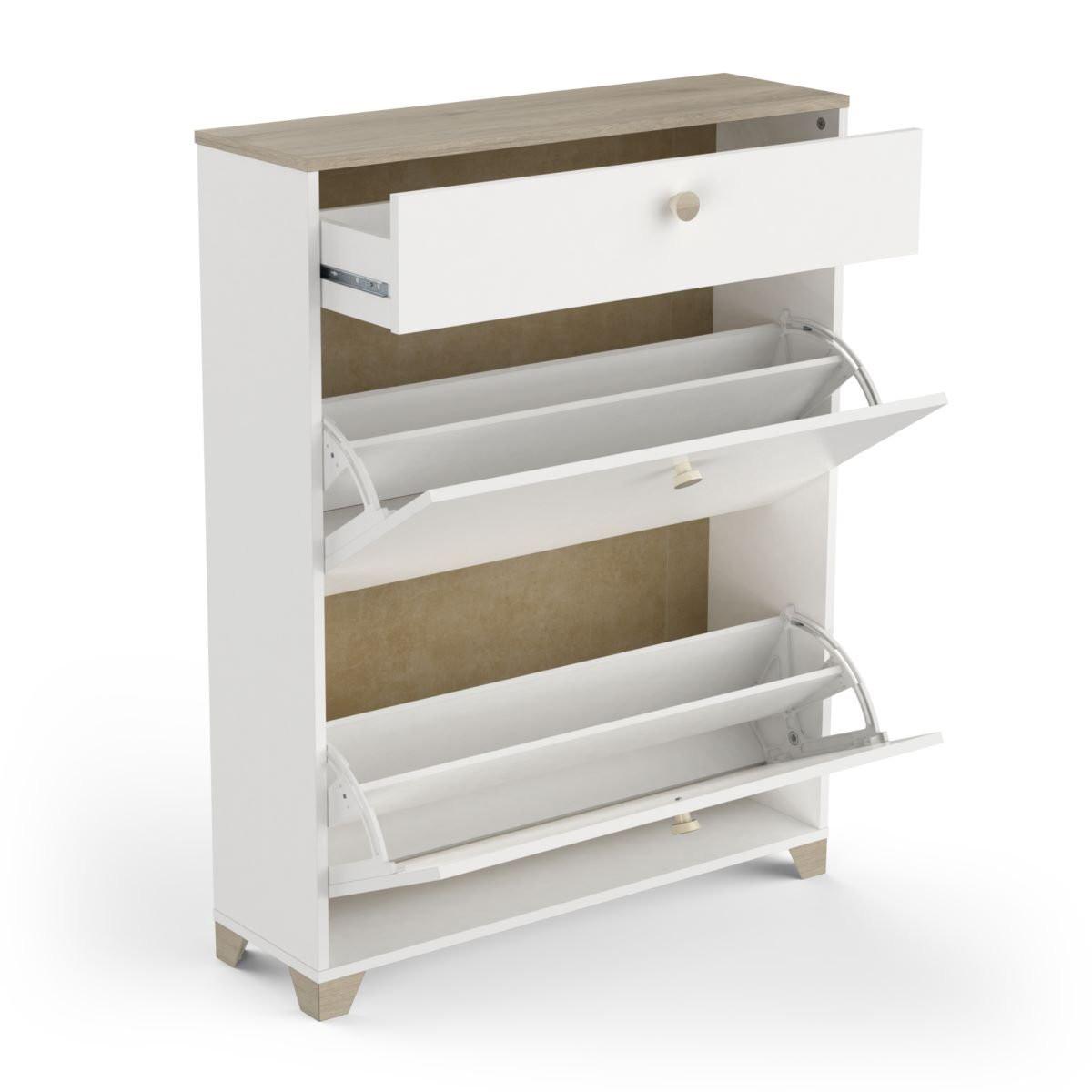 Calicosy Schuhmöbel 2 Klappen und 1 Schublade Kronberg Eiche und Weiß Dekor - L80,8 cm  