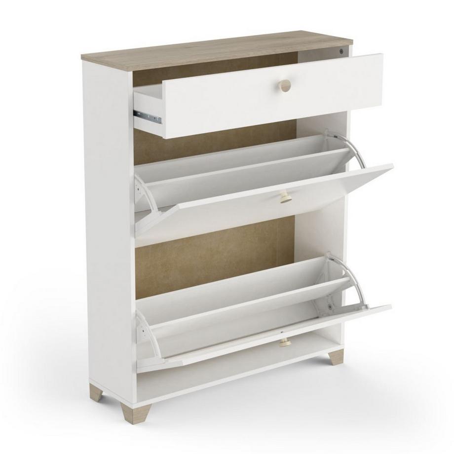 Calicosy Schuhmöbel 2 Klappen und 1 Schublade Kronberg Eiche und Weiß Dekor - L80,8 cm  