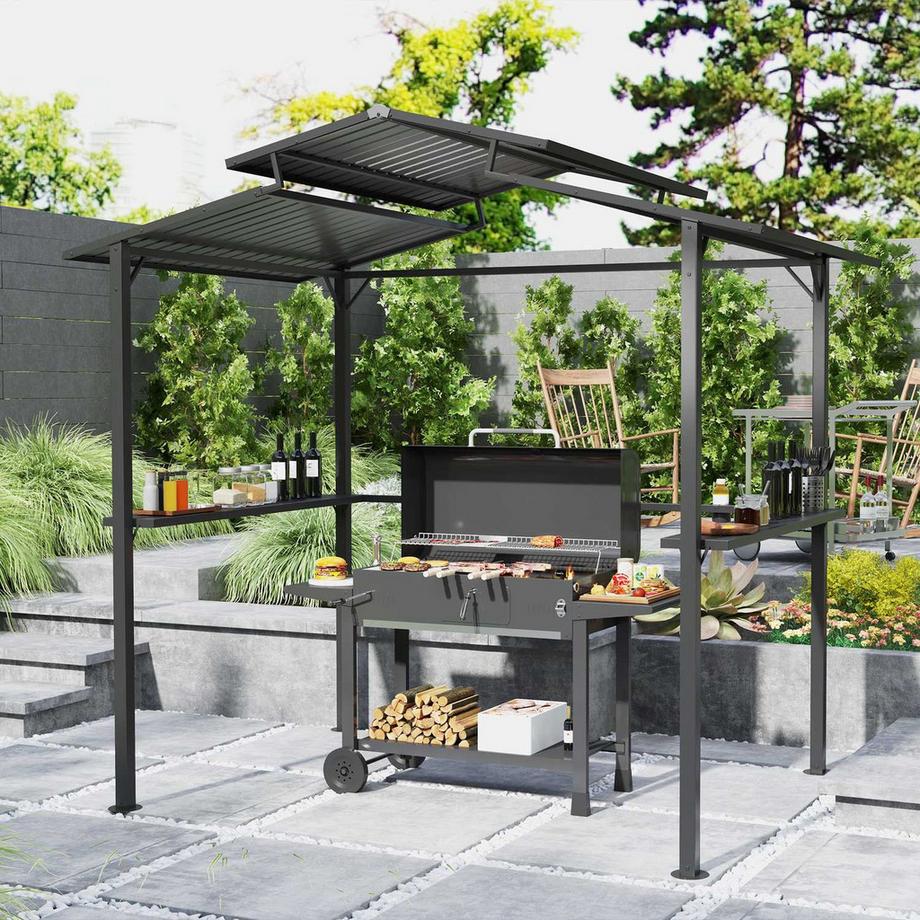 Northio Grillpavillon 250 x 160 x 250 cm wasserdicht Gartenpavillon mit Doppelschichtdach, Seitenregalen, Gartenlauben mit UV-Schutz, BBQ Pavillon, Gartenzelt Grillzelt für Garten Party BBQ, Schwarz Aosom  