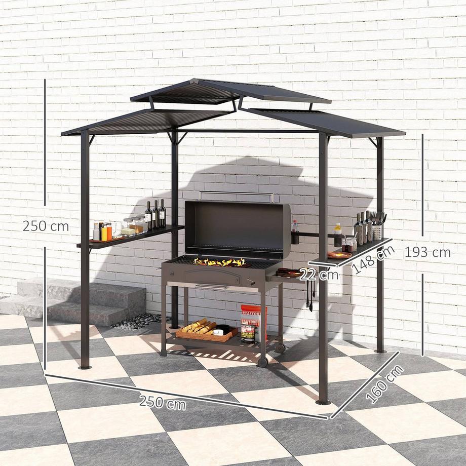 Northio Grillpavillon 250 x 160 x 250 cm wasserdicht Gartenpavillon mit Doppelschichtdach, Seitenregalen, Gartenlauben mit UV-Schutz, BBQ Pavillon, Gartenzelt Grillzelt für Garten Party BBQ, Schwarz Aosom  
