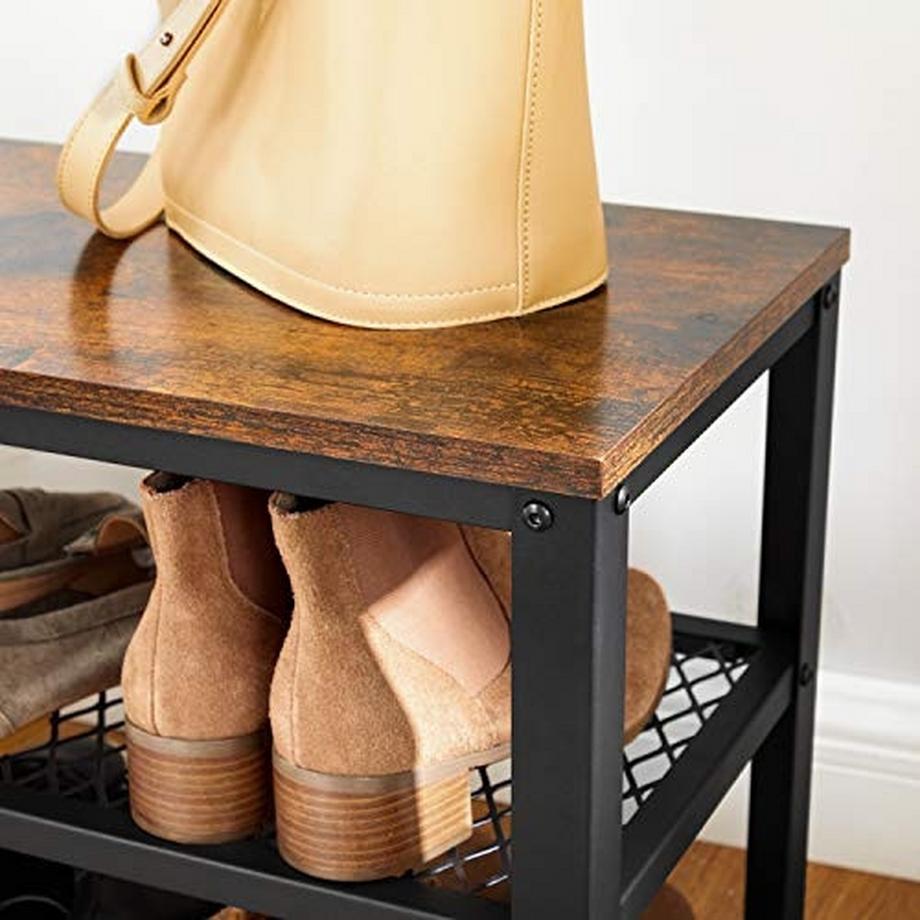 Pricenet Banc à chaussures marron rustique avec structure en métal noir, 2 étagères  