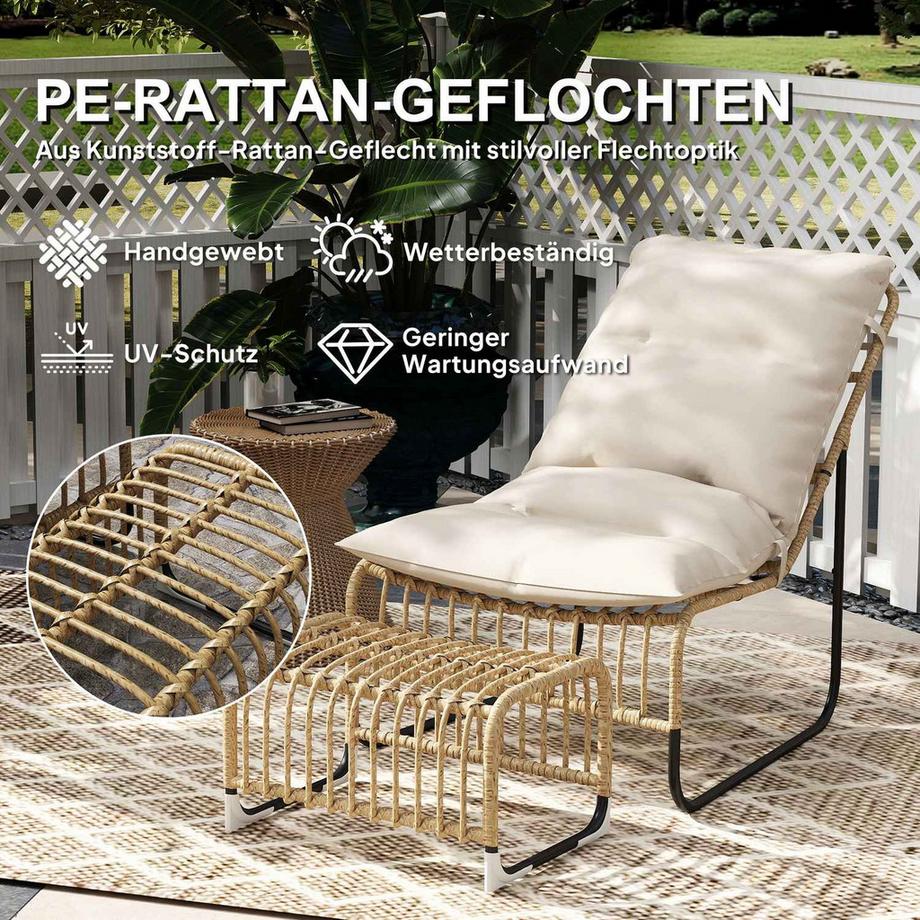 Northio Rattan Relaxsessel mit Fußhocker UV-beständig Gartensessel mit Kissen Bänder Outdoor Rattanstuhl Gartenstuhl für Garten, Balkon, Terrasse Naturholz Aosom  