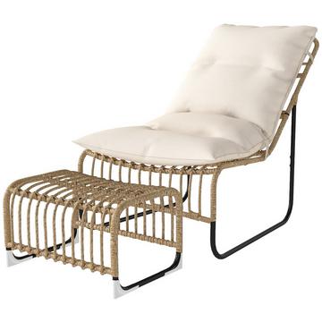 Sedia relax in rattan con poggiapiedi Sedia da giardino resistente ai raggi UV con cinghie per cuscino sedia da esterno in rattan sedia da giardino per giardino, balcone, terrazza legno naturale Aosom