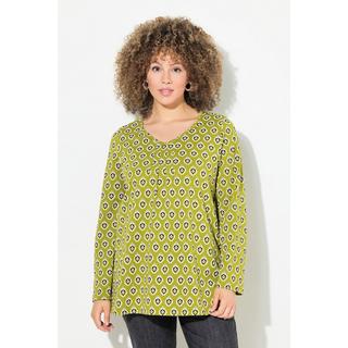 Ulla Popken  T-shirt avec plis fantaisie, col en V et manches longues, coupe évasée 