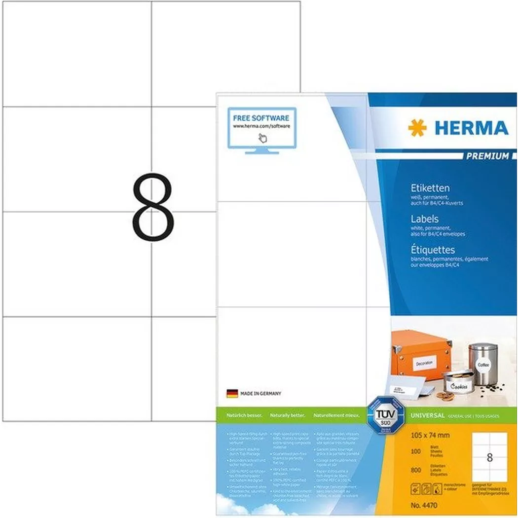 HERMA – Universal-Etiketten 105x74mm 4470 weiss 800 St./100 Blatt, One Size