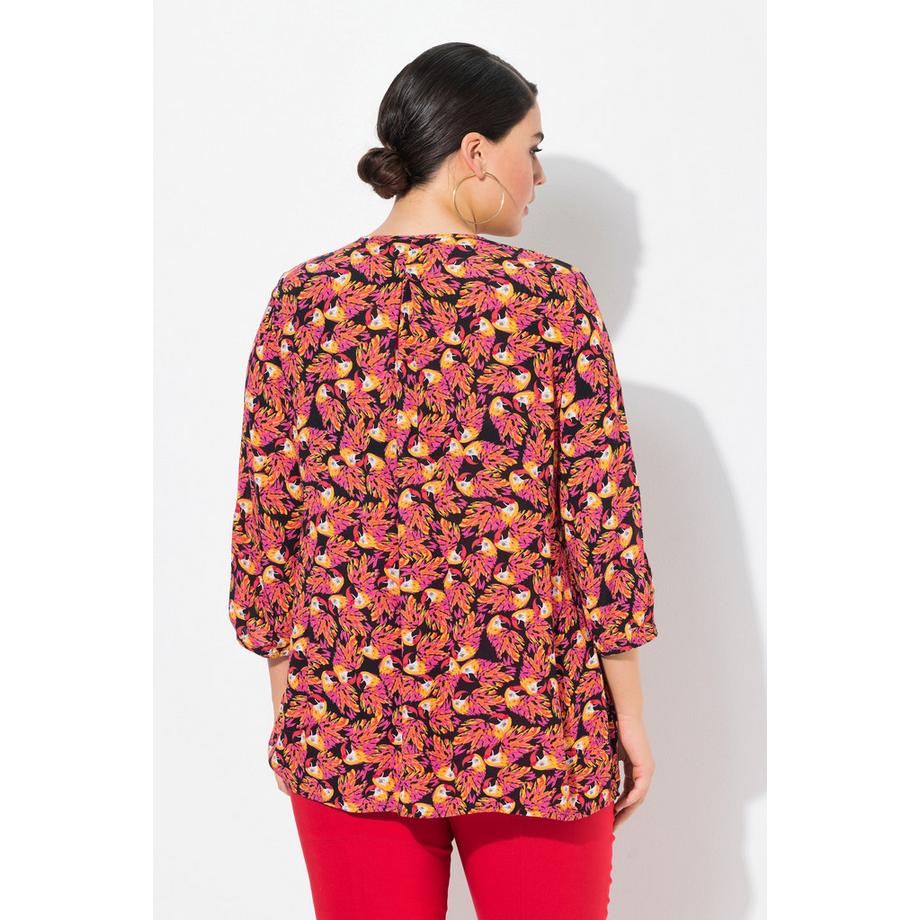 Ulla Popken Smok Bluse Patchdruck A-Linie Rundhals 3/4 Arm  