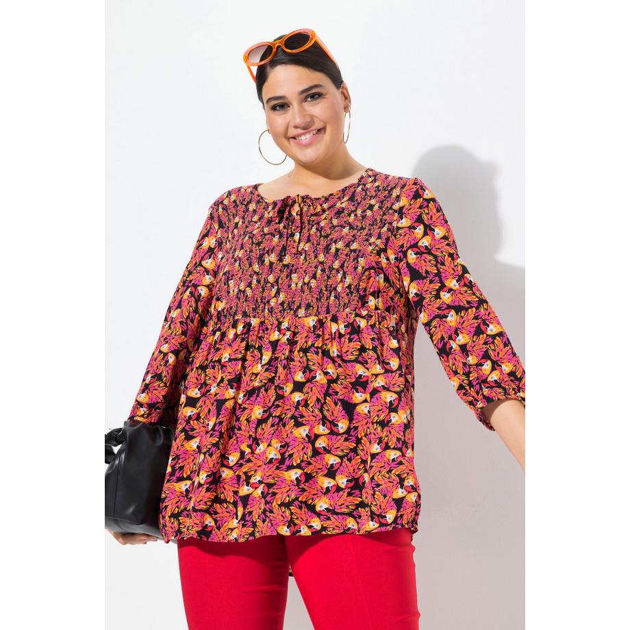 Ulla Popken Smok Bluse Patchdruck A-Linie Rundhals 3/4 Arm  