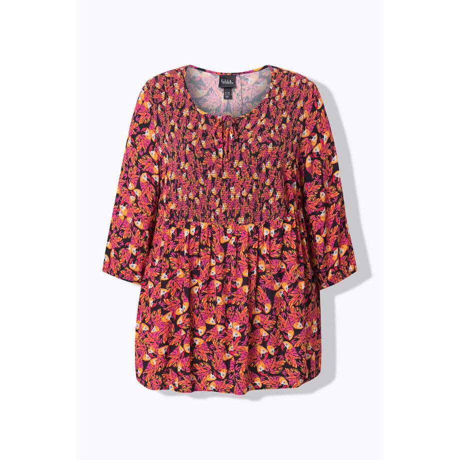 Ulla Popken Smok Bluse Patchdruck A-Linie Rundhals 3/4 Arm  