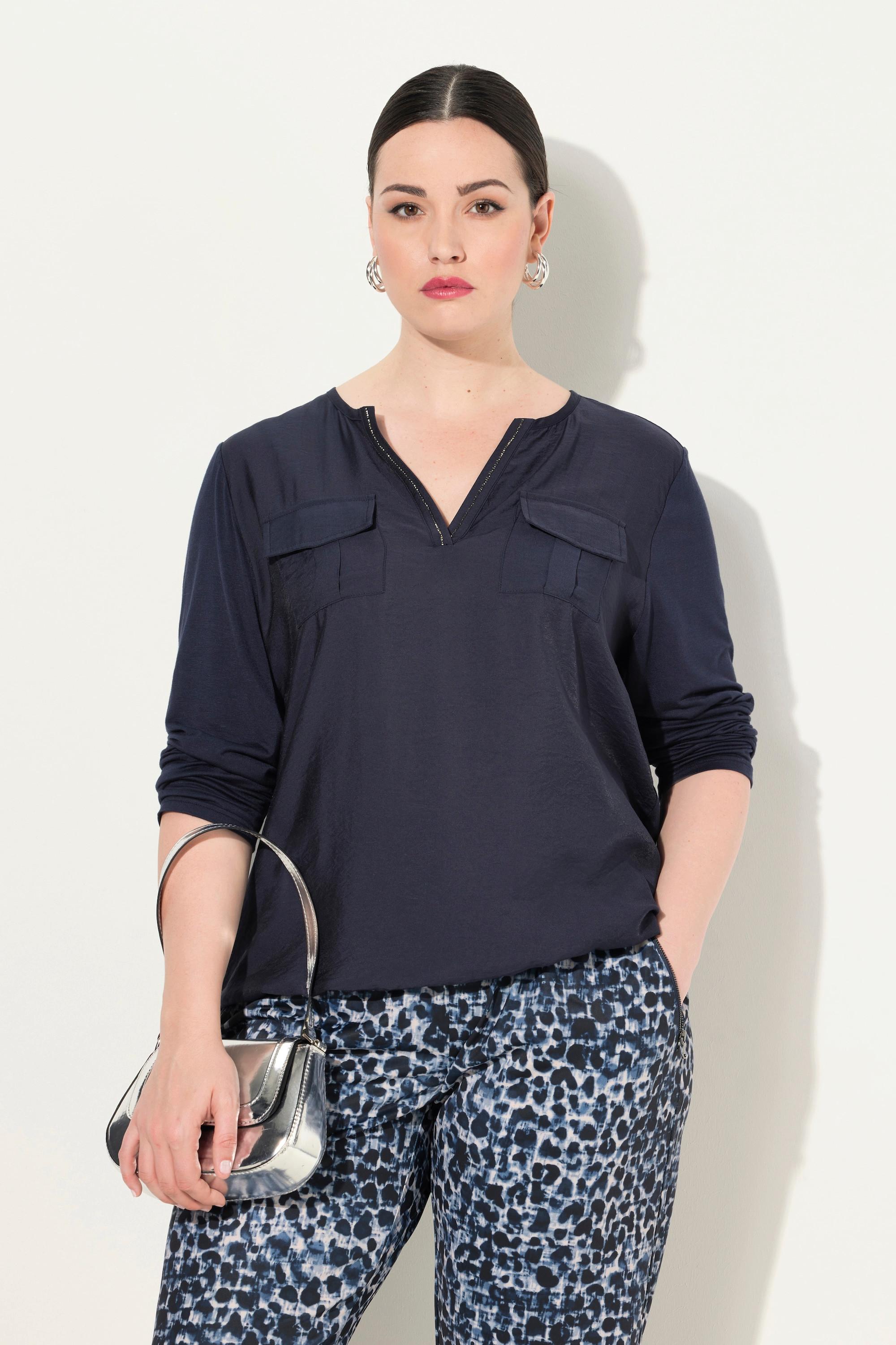 Ulla Popken  Blouse avec pierres fantaisie, col tunisien et manches longues 