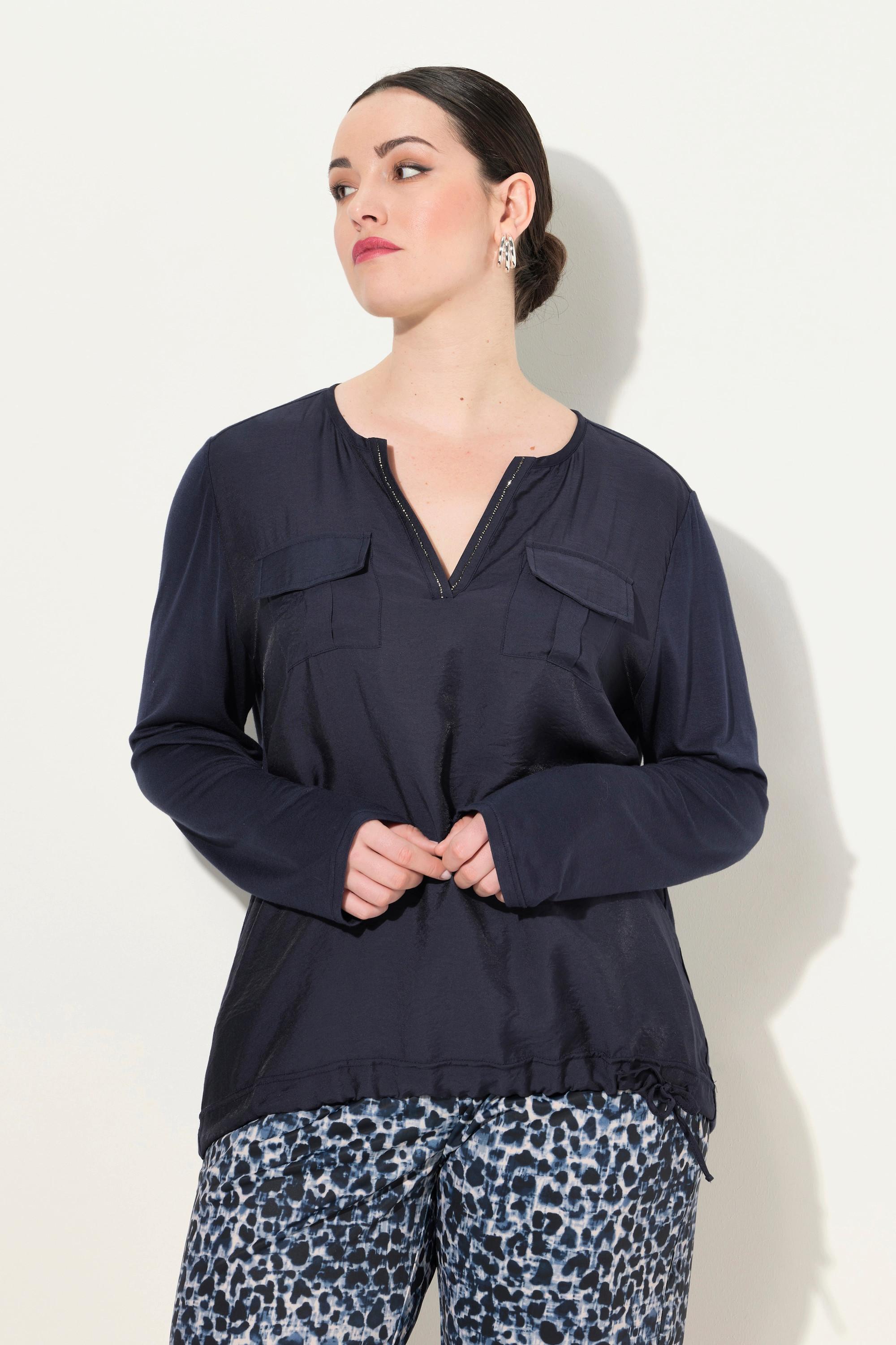 Ulla Popken  Blouse avec pierres fantaisie, col tunisien et manches longues 