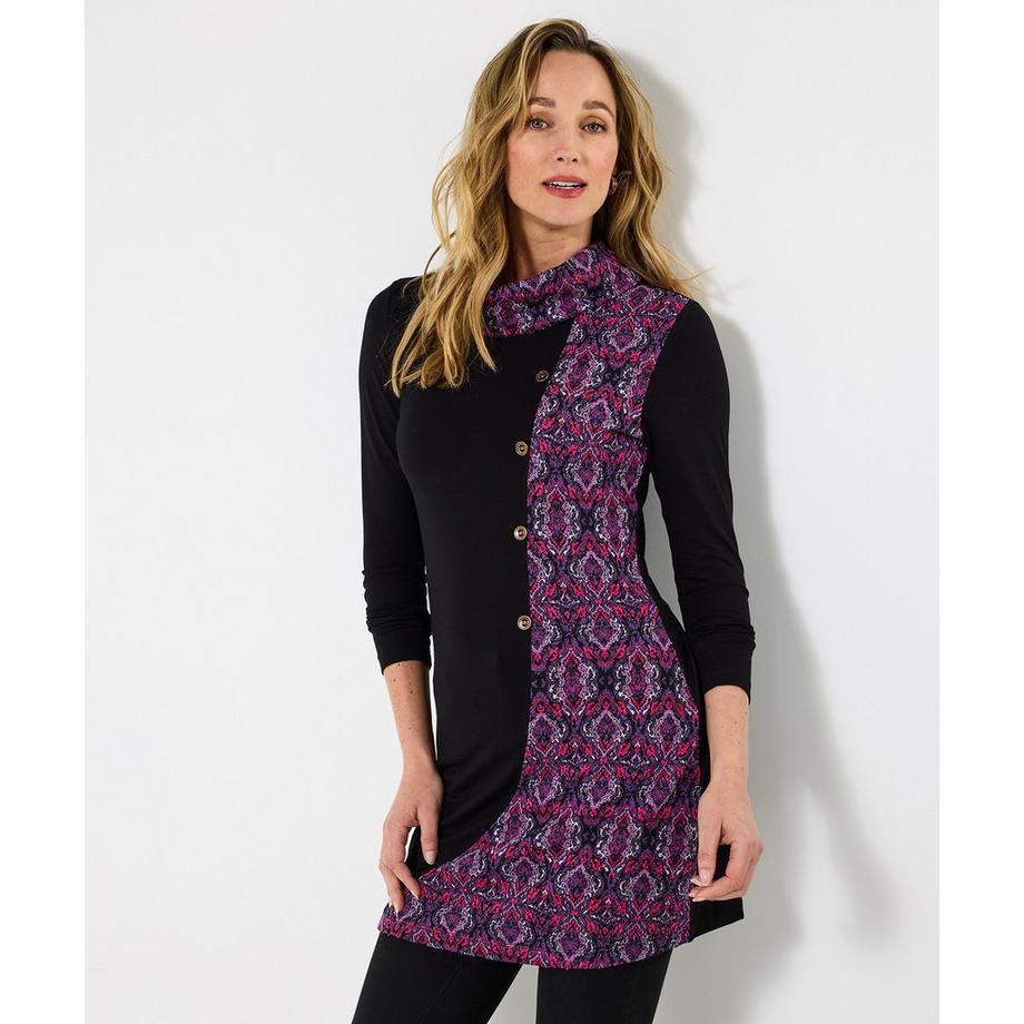 Tunika mit Blumenjacquard, Zierknöpfen und Wasserfallkragen