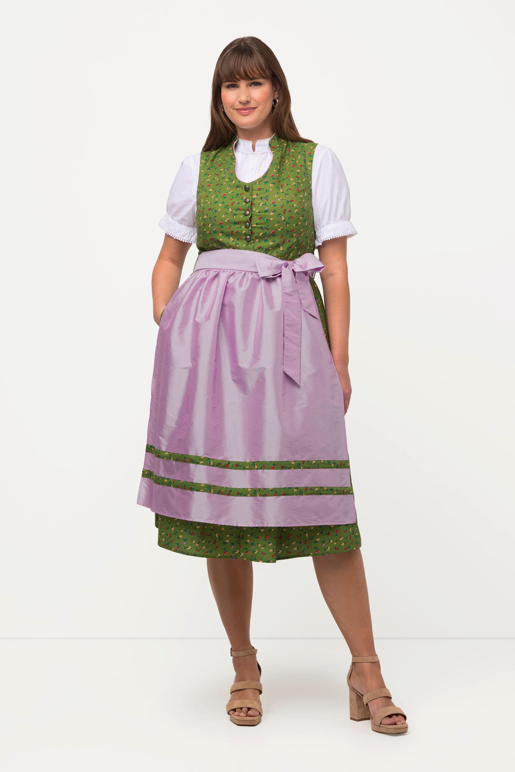 Ulla Popken  Dirndl, Blüten, Schmuckknöpfe, V-Ausschnitt, ärmellos 