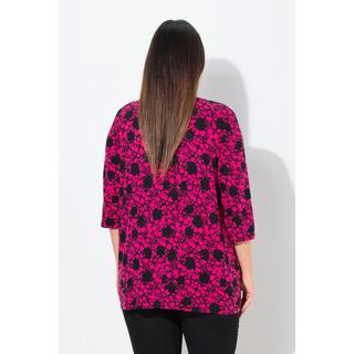 Ulla Popken  Shirt, Blüten, A-Linie, V-Ausschnitt, 3/4-Arm 