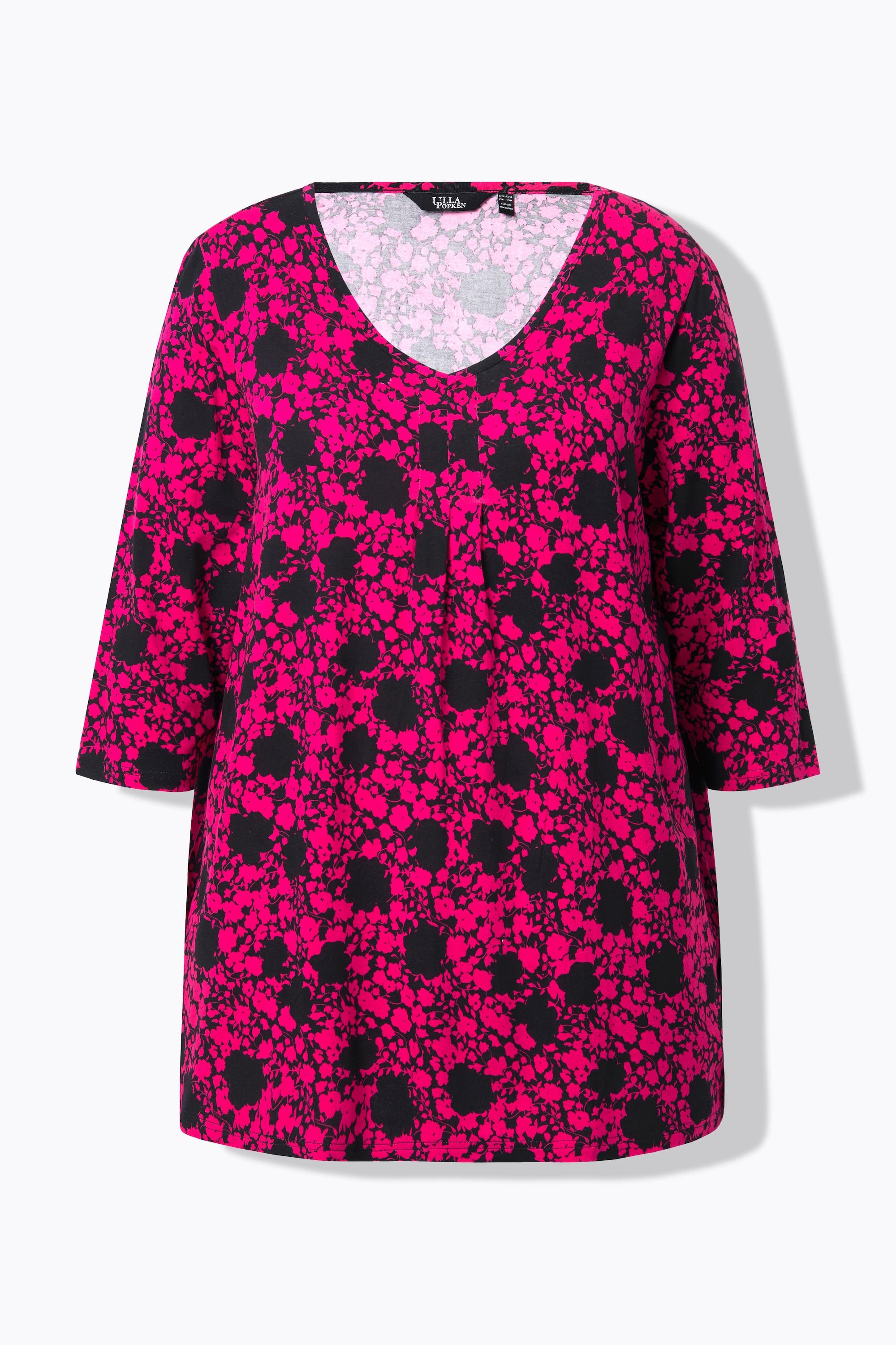 Ulla Popken  Shirt, Blüten, A-Linie, V-Ausschnitt, 3/4-Arm 