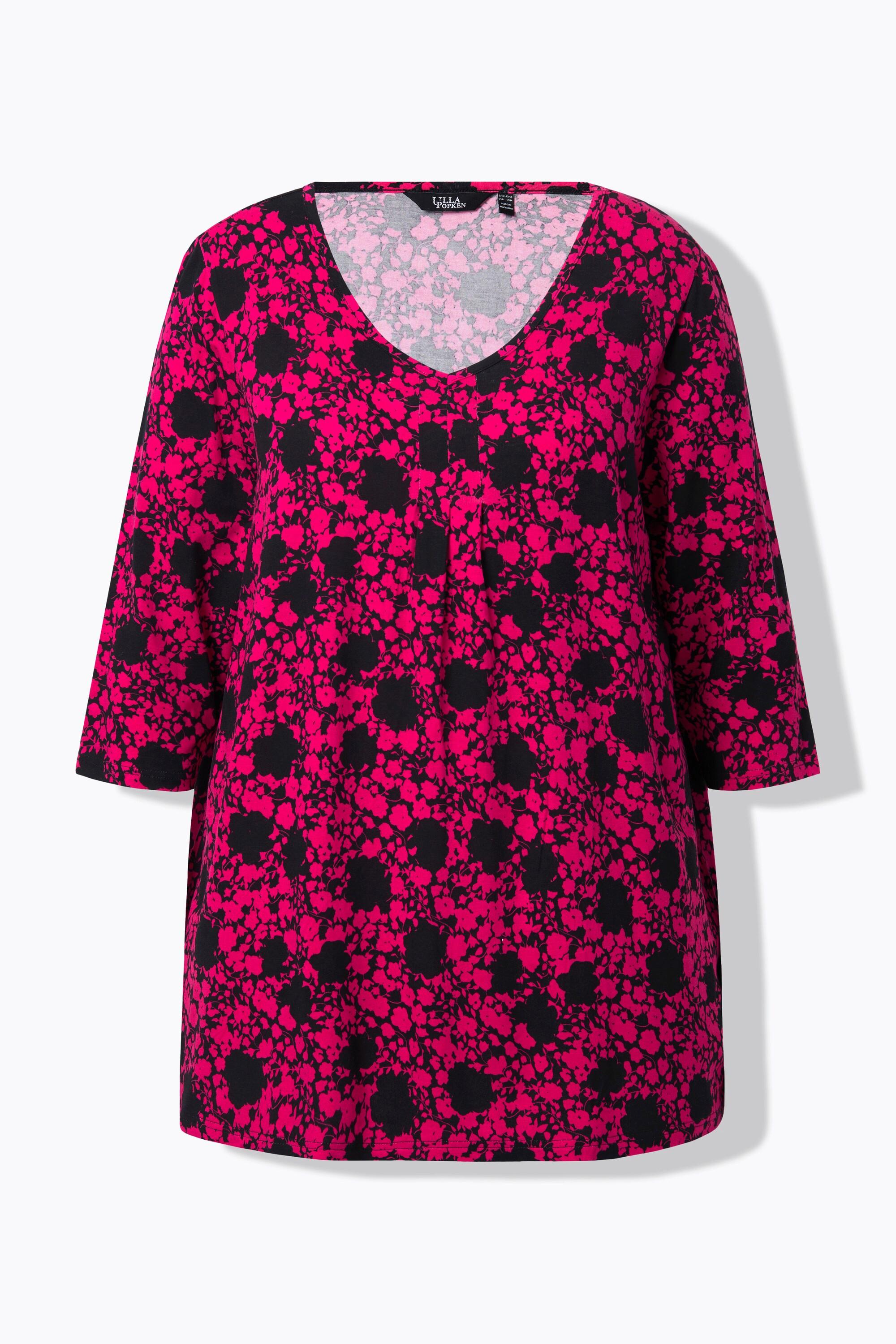 Ulla Popken  Shirt, Blüten, A-Linie, V-Ausschnitt, 3/4-Arm 