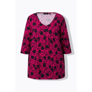 Ulla Popken  Shirt, Blüten, A-Linie, V-Ausschnitt, 3/4-Arm 