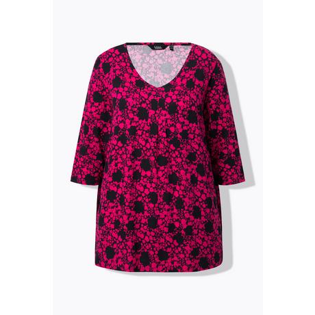 Ulla Popken  Shirt, Blüten, A-Linie, V-Ausschnitt, 3/4-Arm 