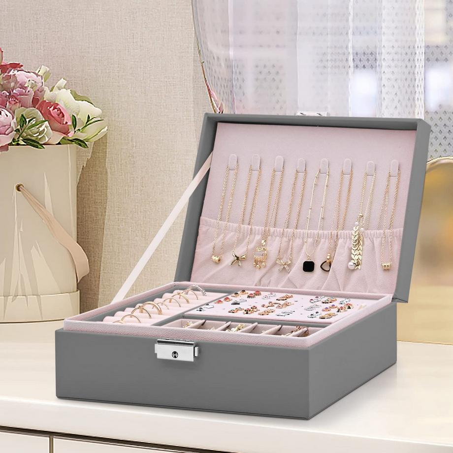 Only-bags.store  Schmuckkästchen 2 Schichten Pu-Leder-Schmuck Aufbewahrung Portable abschließbare Reise-Schmuckkästchen 