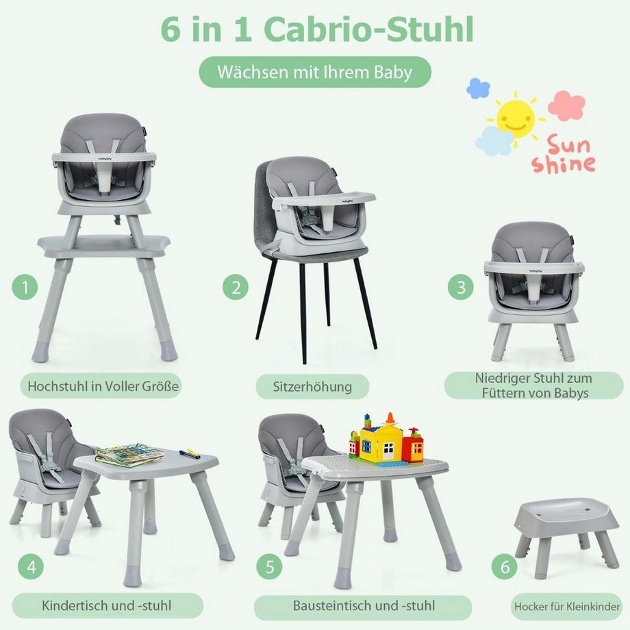 Northio  6-in-1 Babyhochstuhl, Hochstuhl, Essstuhl, Lerntisch, Bausteintisch & Kindersitzgruppe 
