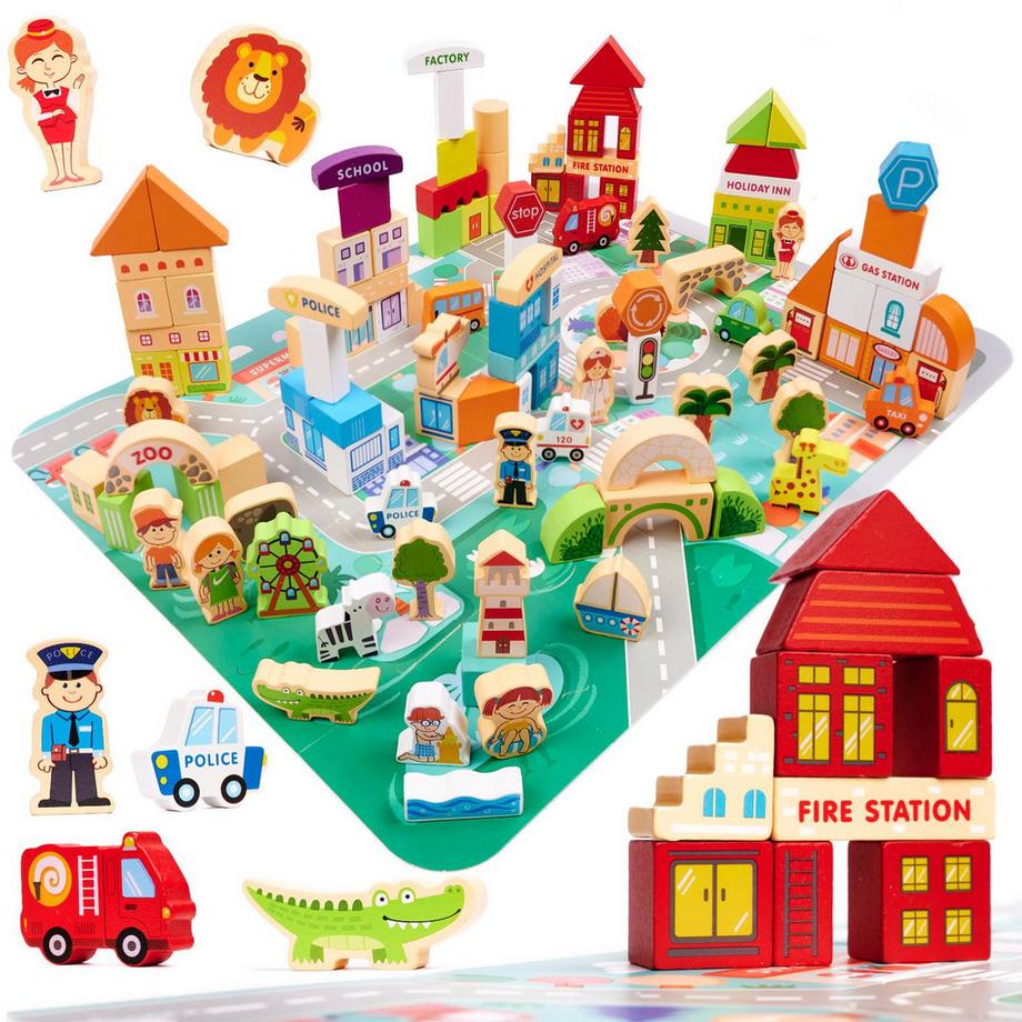 Gameloot  Bunte Holzklötze und Städtepuzzle - 120 Teile 