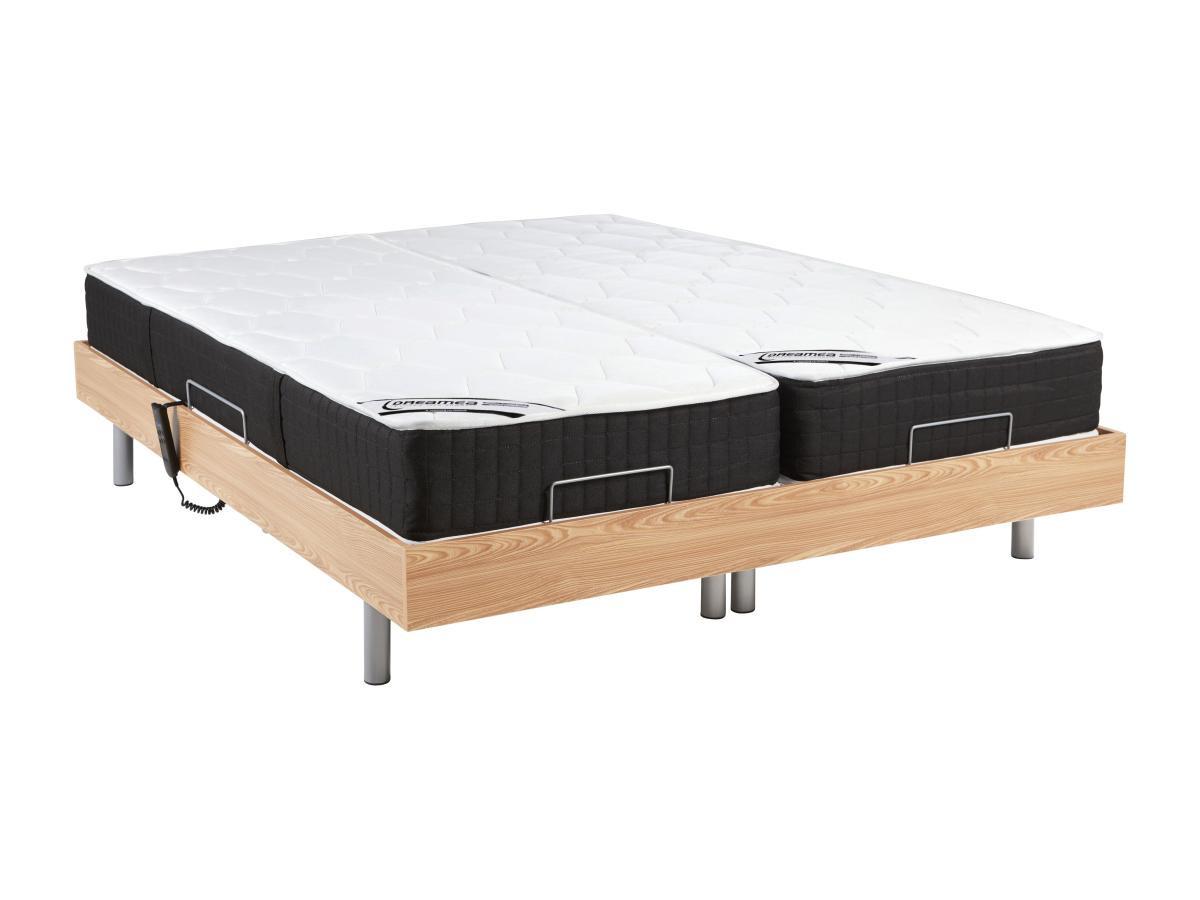 Vente-unique Lit électrique relaxation tout plots matelas ressorts ensachés mémoire forme PHANES de DREAMEA moteurs OKIN Chêne  