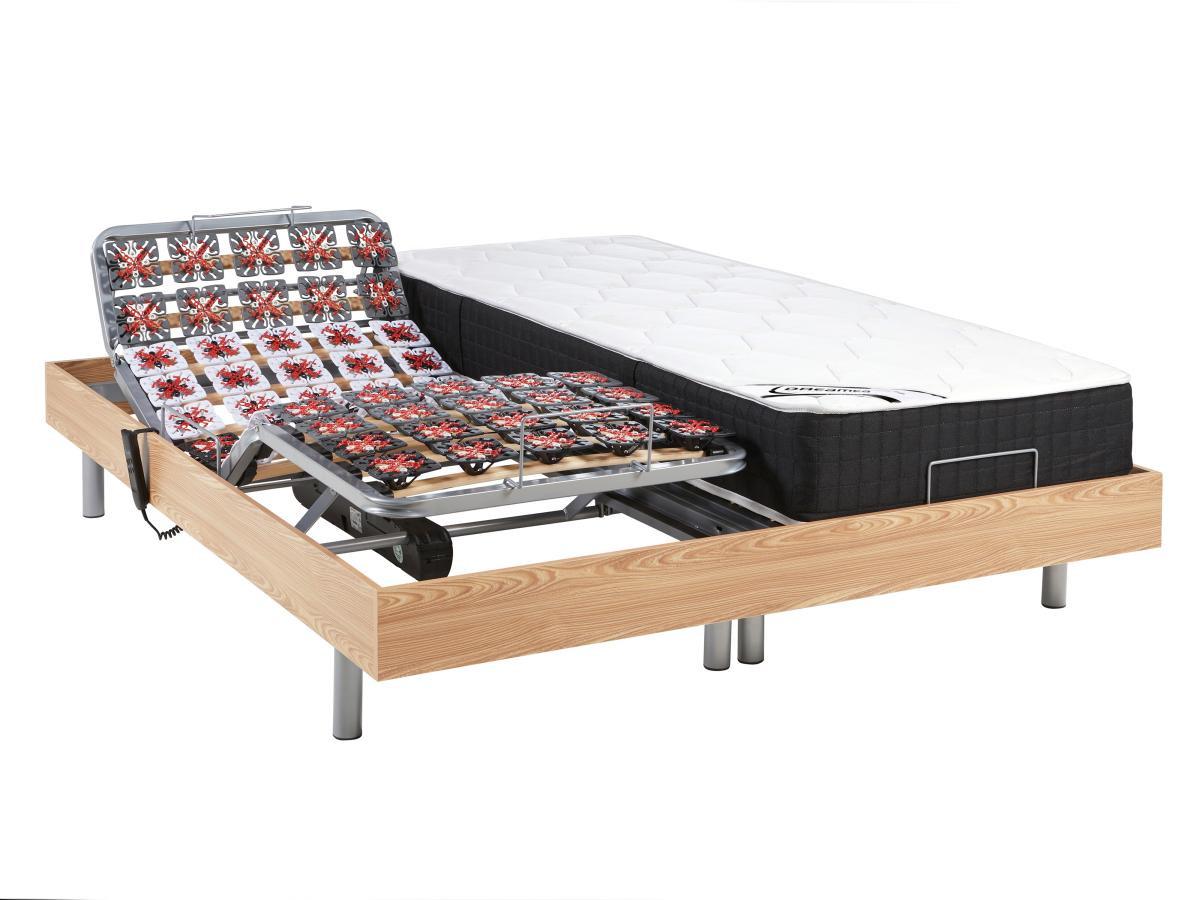 Vente-unique Lit électrique relaxation tout plots matelas ressorts ensachés mémoire forme PHANES de DREAMEA moteurs OKIN Chêne  