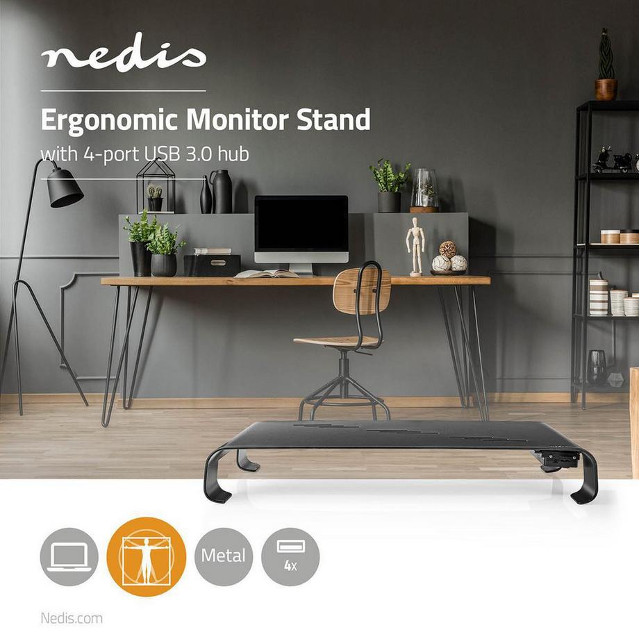 Nedis Monitorhalterung | Ergonomie: Ja | Maximale Tragfähigkeit: 18 kg | Universal | USB-Hub | Höhenverstellbar: Nein  
