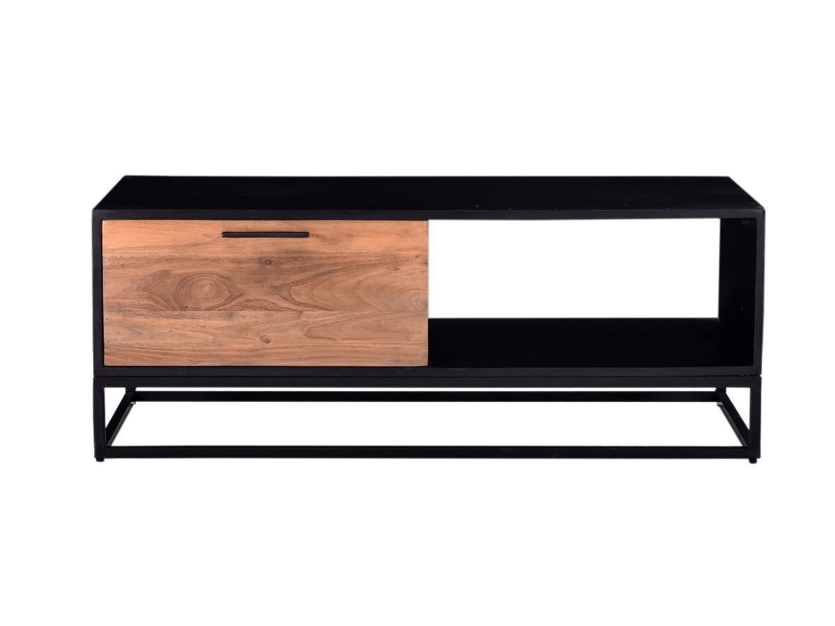 Vente-unique Table basse avec 1 tiroir et 1 niche  en bois d'acacia et métal - Naturel foncé et noir - ALYONA  