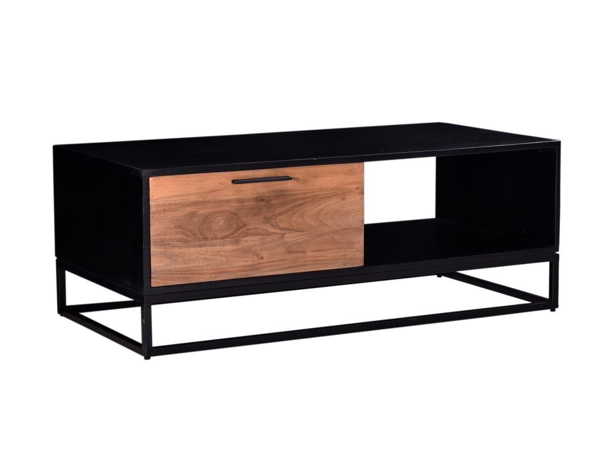 Vente-unique Table basse avec 1 tiroir et 1 niche  en bois d'acacia et métal - Naturel foncé et noir - ALYONA  