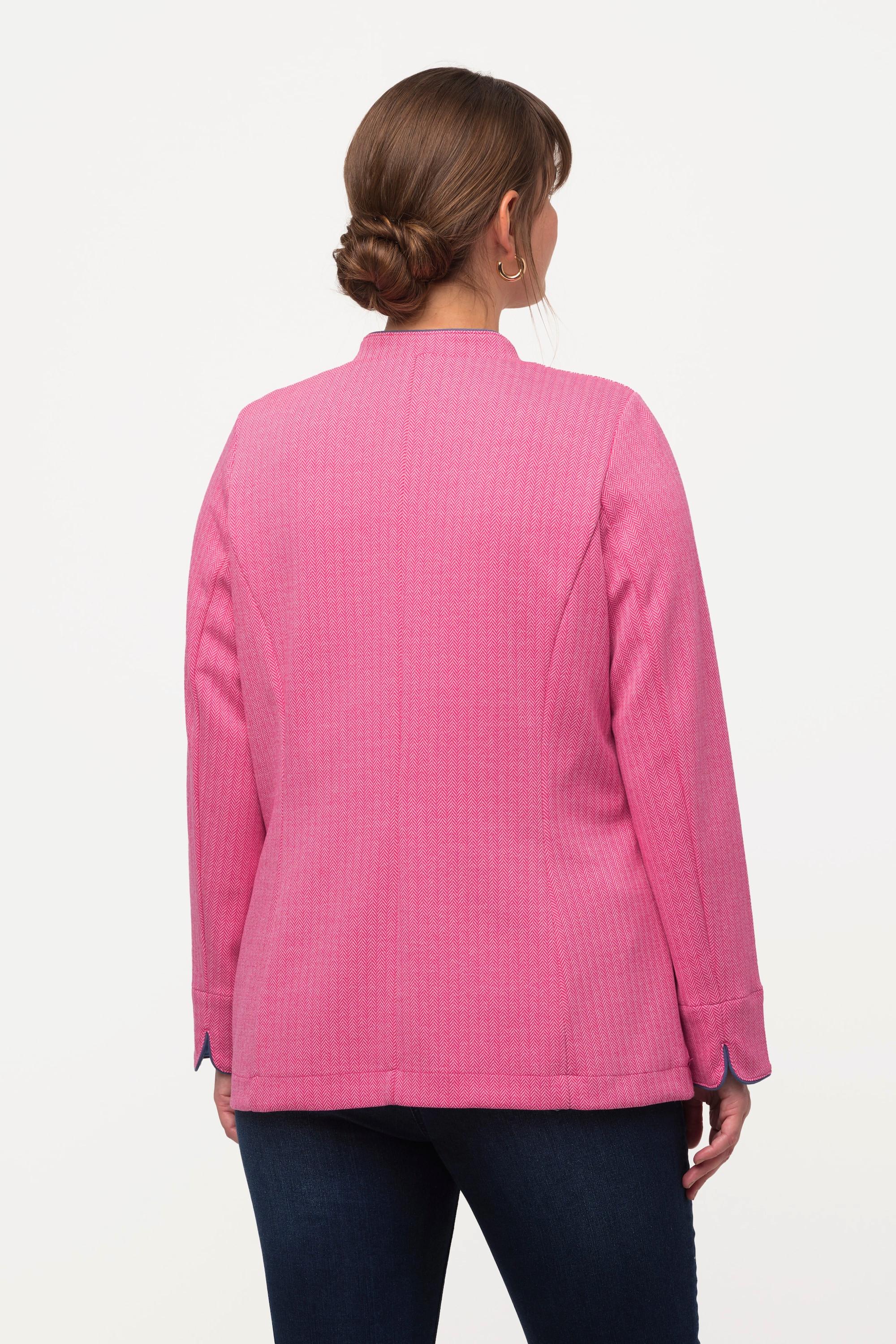 Ulla Popken Giacca Janker Motivo Spina di Pesce Collo Alto Contrasti di Colore  