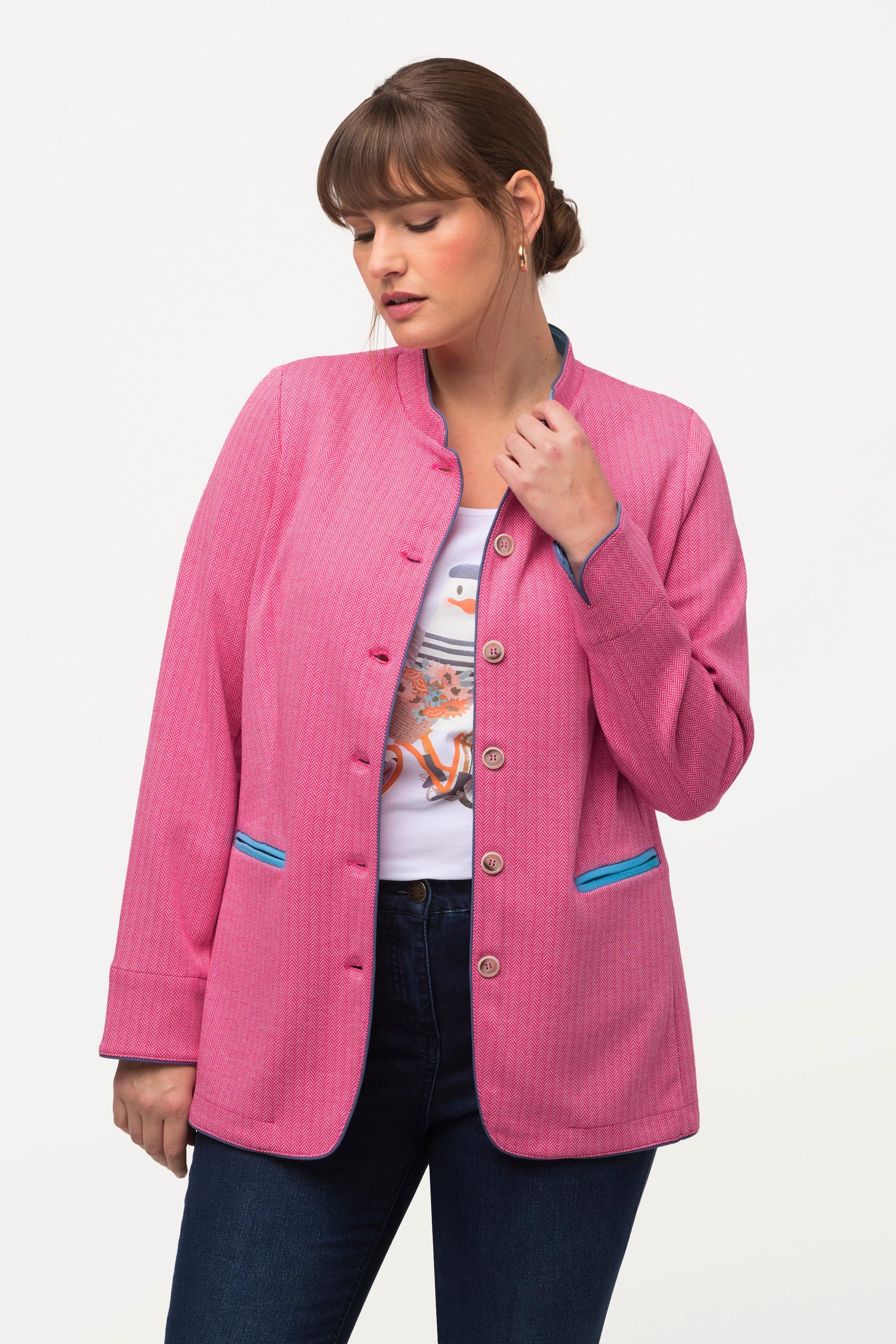 Ulla Popken Giacca Janker Motivo Spina di Pesce Collo Alto Contrasti di Colore  