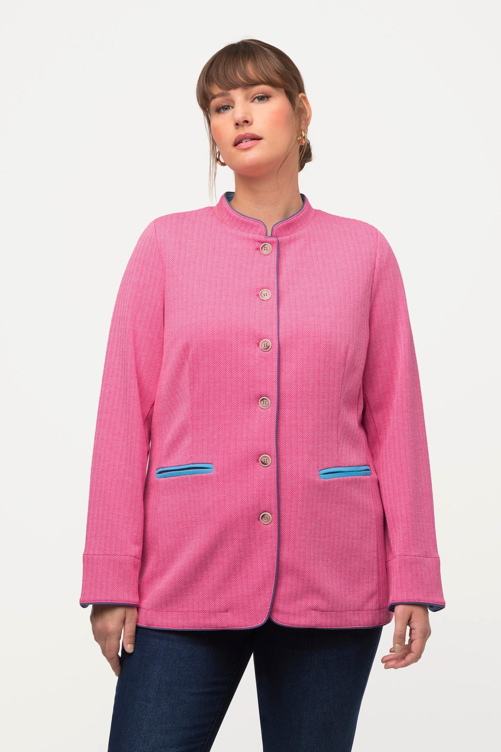 Ulla Popken Giacca Janker Motivo Spina di Pesce Collo Alto Contrasti di Colore  