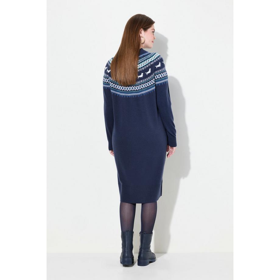 Ulla Popken Robe en maille oversize col rond manches longues motif norvégien avec chiens  