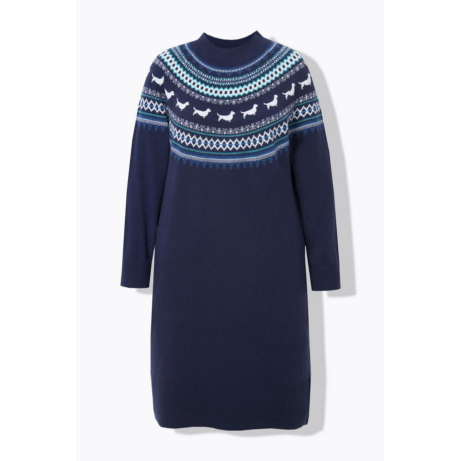 Ulla Popken Robe en maille oversize col rond manches longues motif norvégien avec chiens  