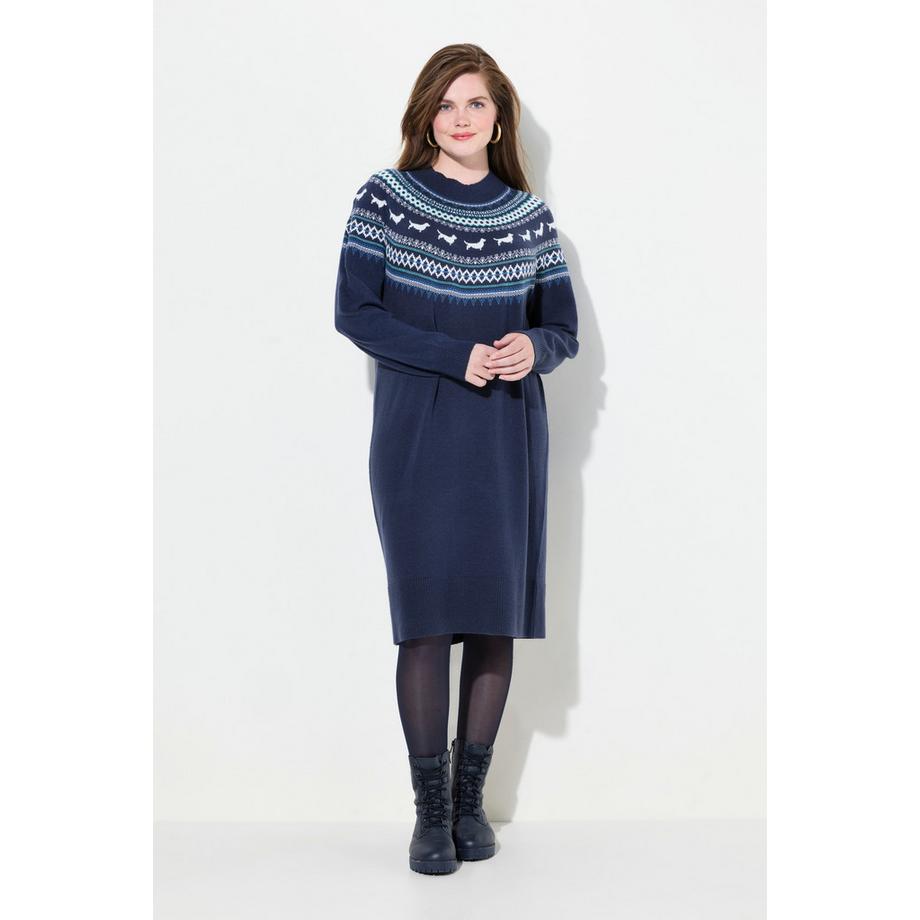 Ulla Popken Robe en maille oversize col rond manches longues motif norvégien avec chiens  
