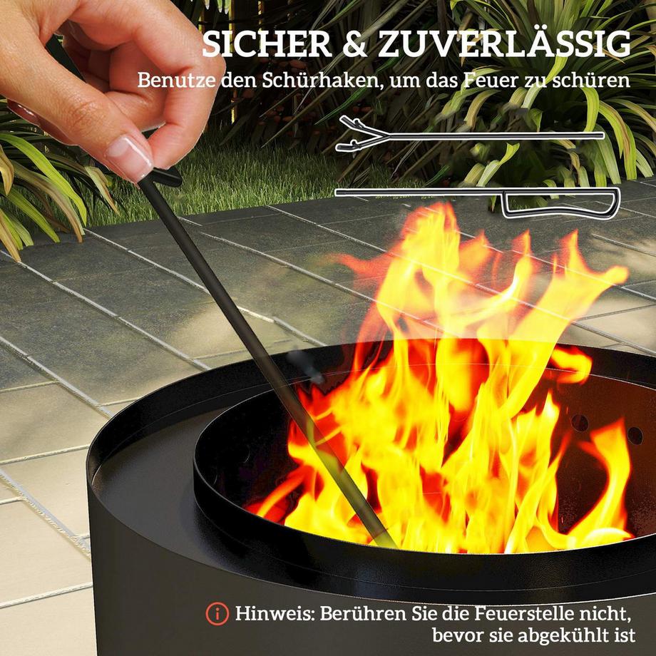 Northio  Feuerschale Ø45 x 42cm aus Stahl Feuerstelle mit Schürhaken Aschenwanne Feuerschalen für Garten, Balkon Terrasse, Outdoor BBQ Camping Schwarz | 