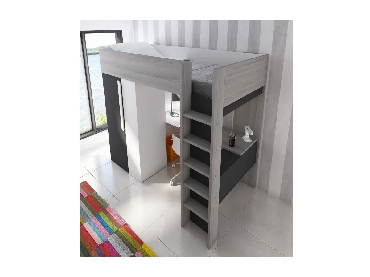 Vente-unique Letto a soppalco + materasso con armadio e scrivania Antracite e Bianco NICOLAS II  