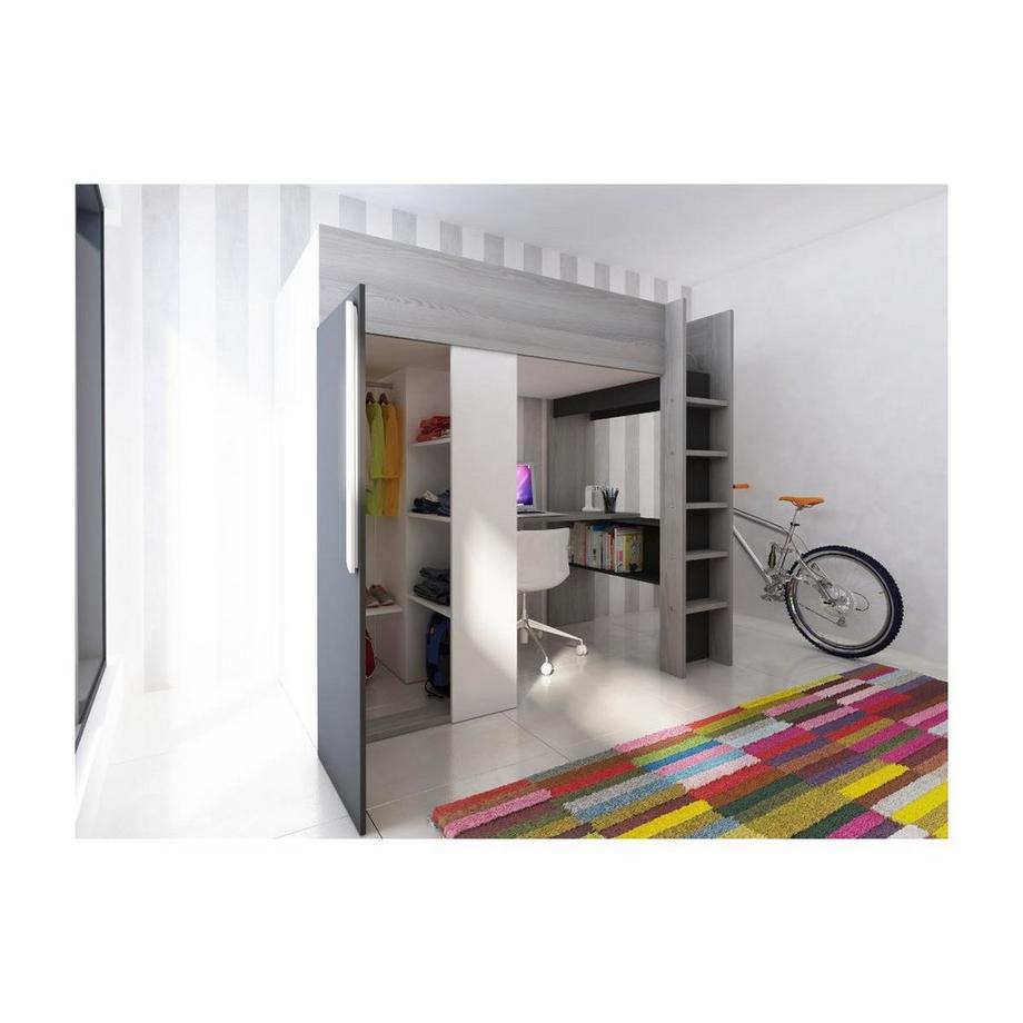 Vente-unique Letto a soppalco + materasso con armadio e scrivania Antracite e Bianco NICOLAS II  